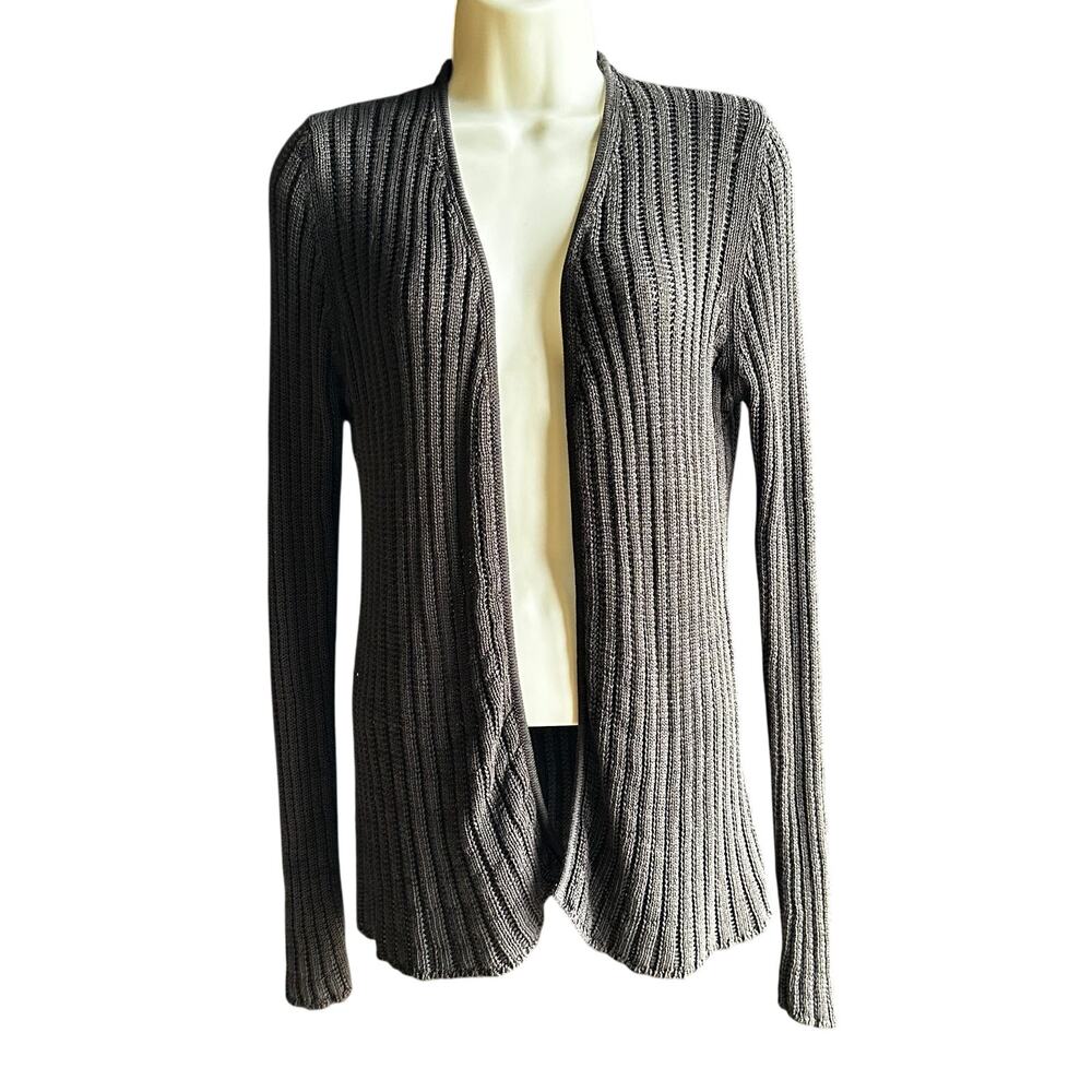 TSE Open Cardigan Sweater 100% Silk Open Knit Rib Knit Brown Med Classic Neutral